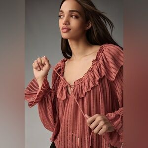 Anthropologie ruffled sheer striped long bell sleeve cropped blouse
